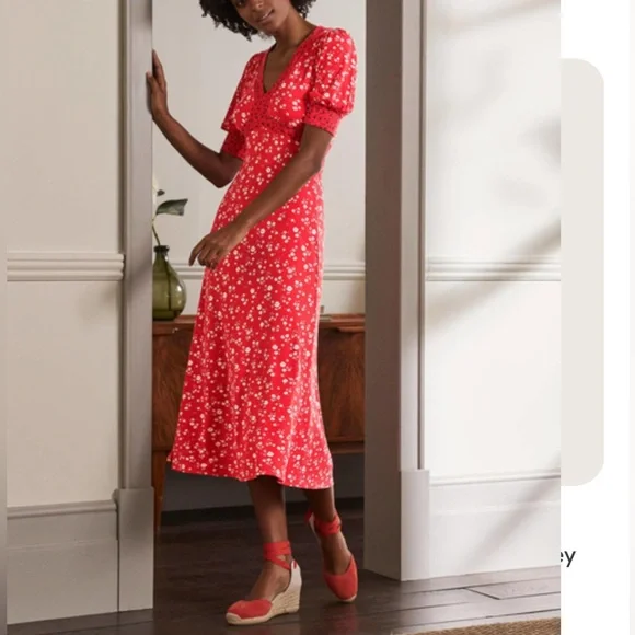 Boden | Dresses | Boden Floral Red Midi Dress 8p | Poshmark